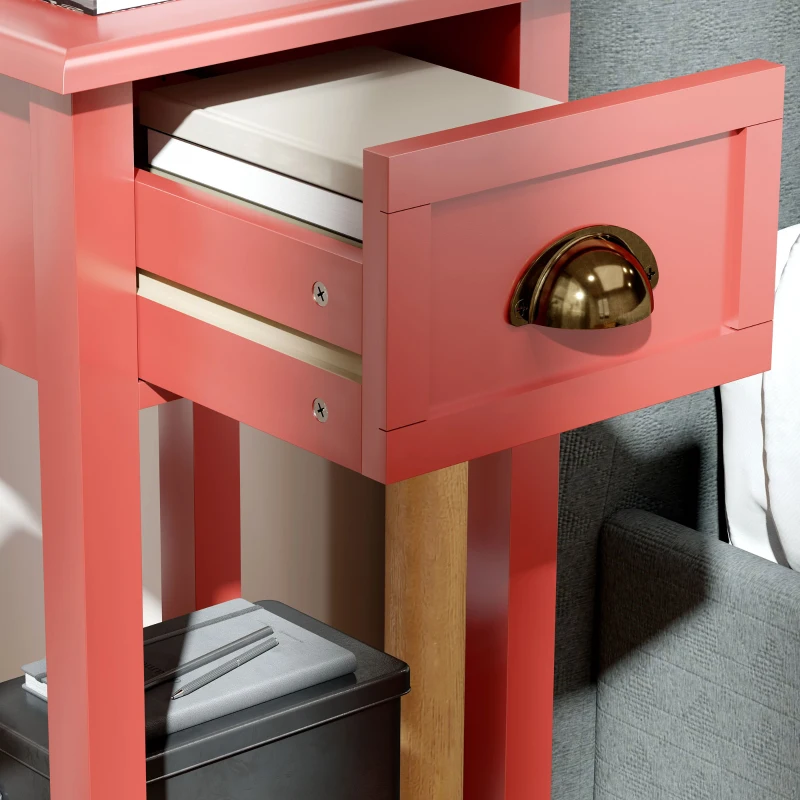 HOMCOM 2-Tier Side Tables Set of 2 with Drawer and Shelf, 2 Pieces End Tables for Living Room and Hallway, Red