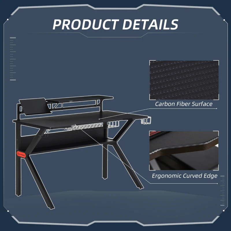 HOMCOM 47 inch Gaming Desk, Computer Table Workstation with Cup Holder, Headphone Hook and Surge Protector Basket for Home Office, Black & Red