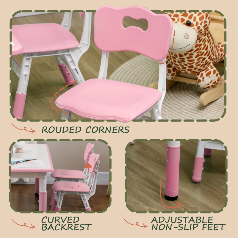 Qaba Kids Table and Chair Set with 4 Chairs, Adjustable Height, Easy to Clean, for 1.5 - 5 Years Old, Pink