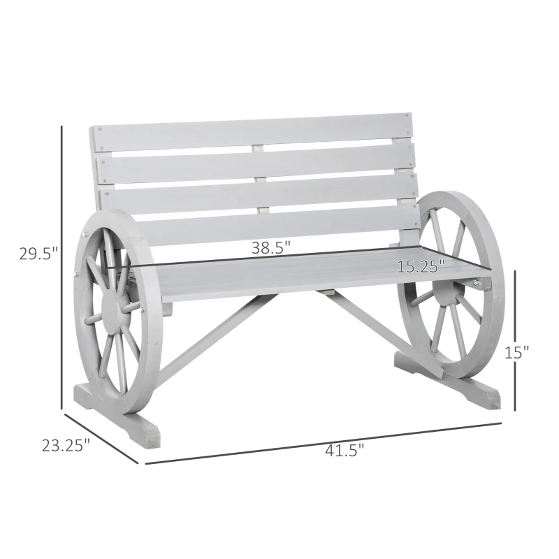Outsunny 41" Wooden Wagon Wheel Bench, Rustic Outdoor Patio Weather Resistance Furniture, 2-Person Slatted Seat Bench with Backrest, Light Gray