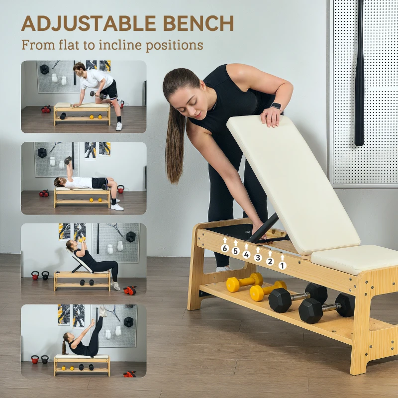 Soozier Wooden Adjustable Weight Bench with Dumbbell Rack, Flat or Incline Workout Bench for Home Gym Weight Lifting, White