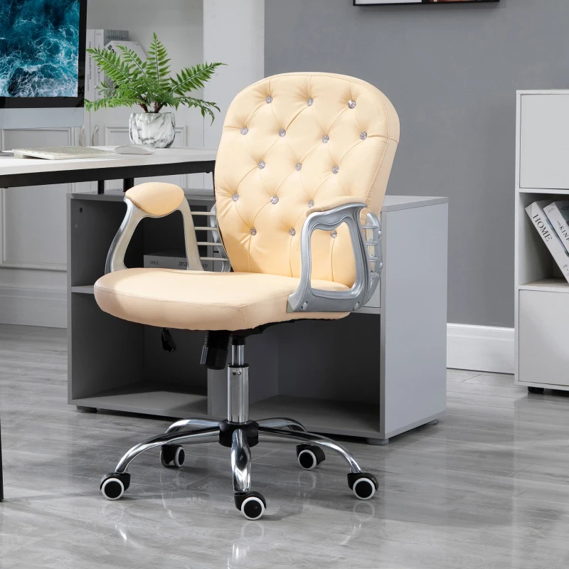 Vinsetto PU Leather Home Office Chair, Button Tufted Desk Chair with Padded Armrests, Adjustable Height and Swivel Wheels, Beige