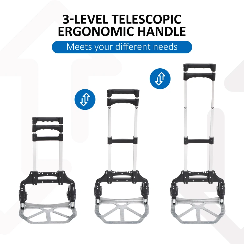 HOMCOM Folding Hand Truck and Dolly with 2 Wheels for Moving, Heavy Duty Luggage Handcart, Aluminum Box Cart with 3 Level Adjustable Telescoping Handle for 154lbs Load Capacity