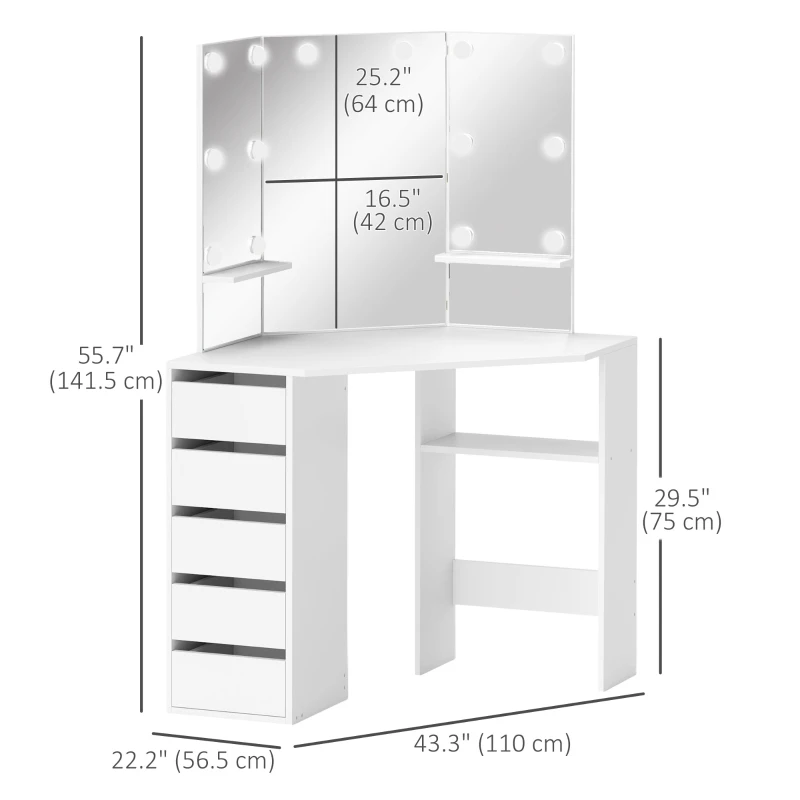 HOMCOM Makeup Vanity Table with 3-Panel Mirror and 10 LED Lights, Dressing Table with 5 Drawers and Shelves for Bedroom, White