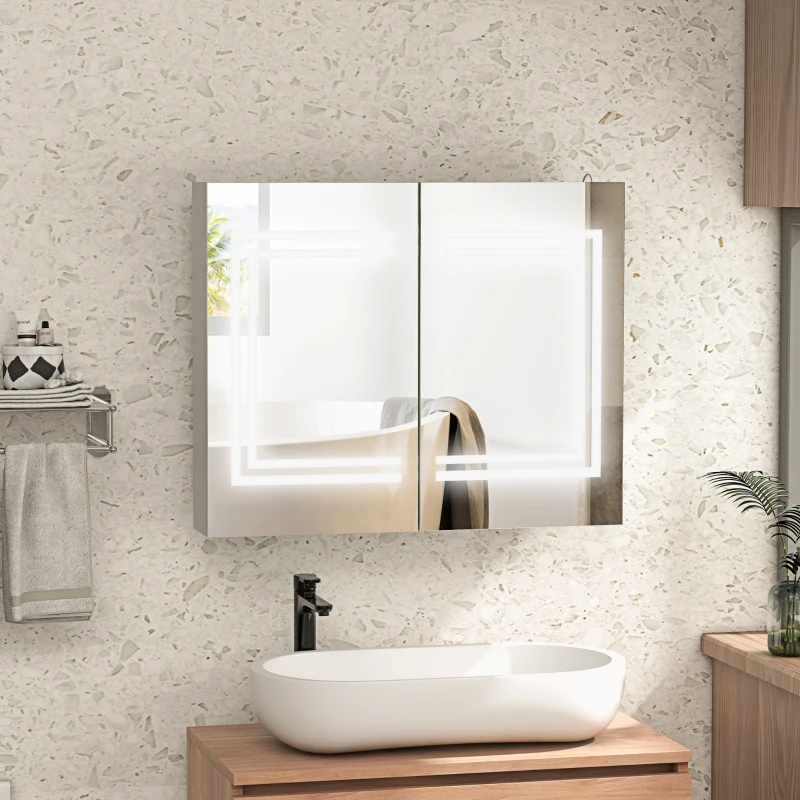 kleankin Bathroom Mirror Cabinet with Light, Bathroom Storage Cupboard with USB Charge, Adjustable Shelf, 31.5"W x 25.5"H, White