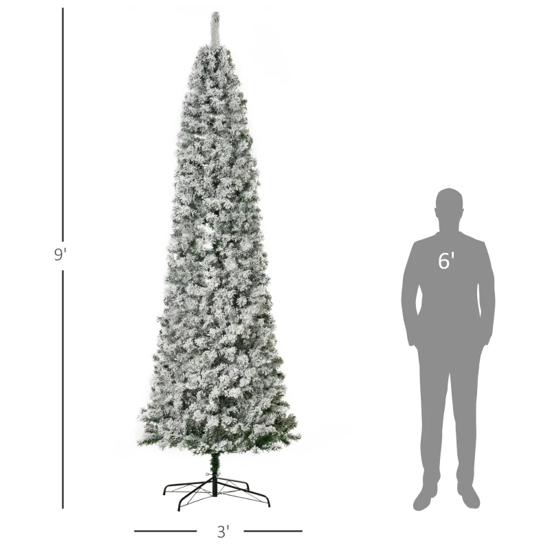 HOMCOM 9ft Pre-Lit Snow-Flocked Slim Douglas Fir Artificial Christmas Tree with Realistic Branches, 550 LED Lights and 988 Tips