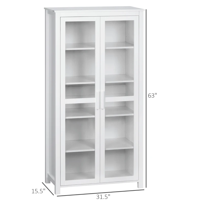 HOMCOM 63" Kitchen Pantry Cabinet, Freestanding Storage Cabinet, Display Cabinet with 2 Glass Door and 2 Adjustable Shelves for Dining Room, White