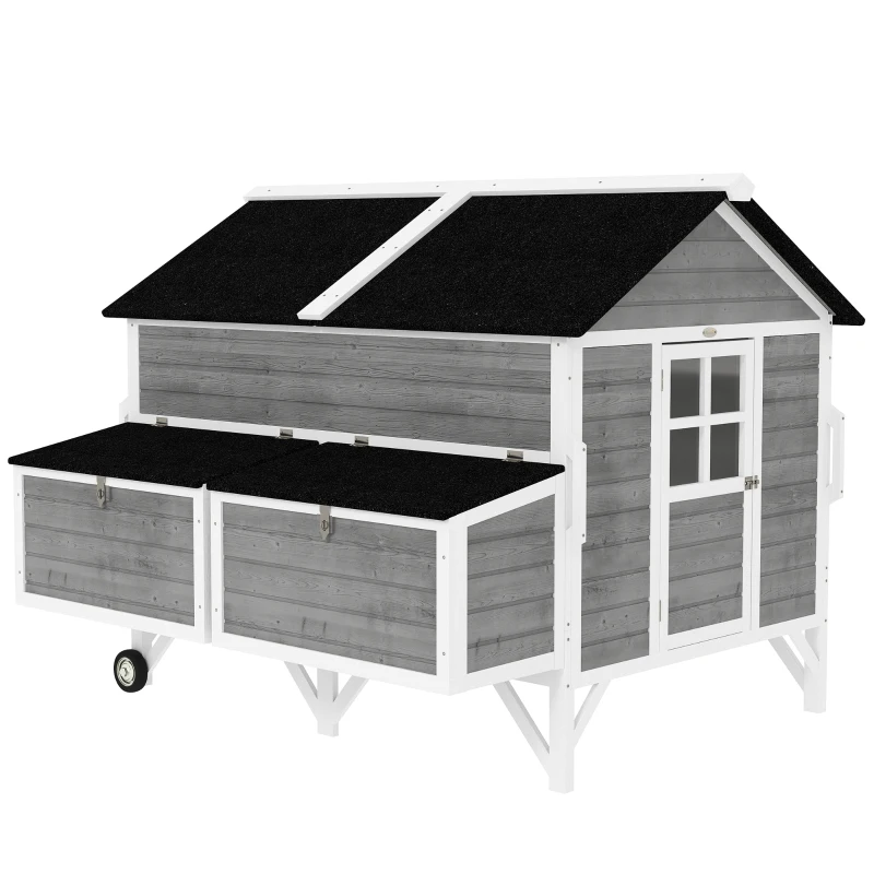 PawHut 59" Wooden Chicken Coop w/ Wheels, Handles, 2 Nesting Boxes, 2 Trays, 4 Perches, Chicken Tractor for 4-6 Chickens, Gray