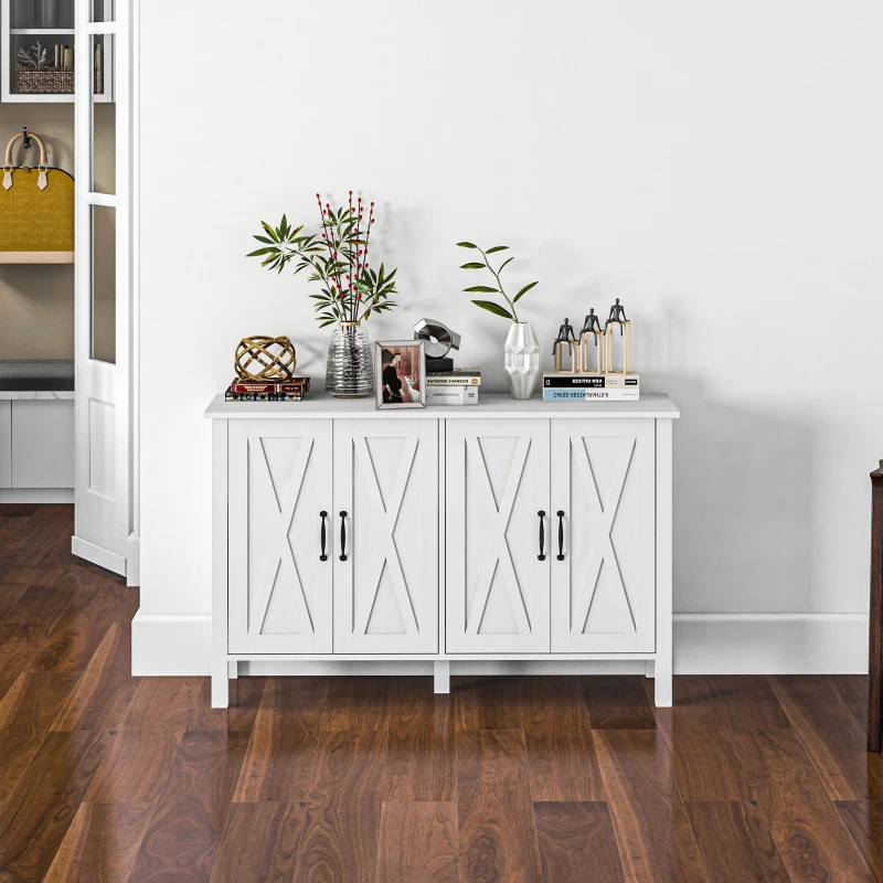 HOMCOM Sideboard Buffet with 4 Barn Doors and 2 Adjustable Shelves, Kitchen Buffet Cabinet for Living Room, Hallway, White