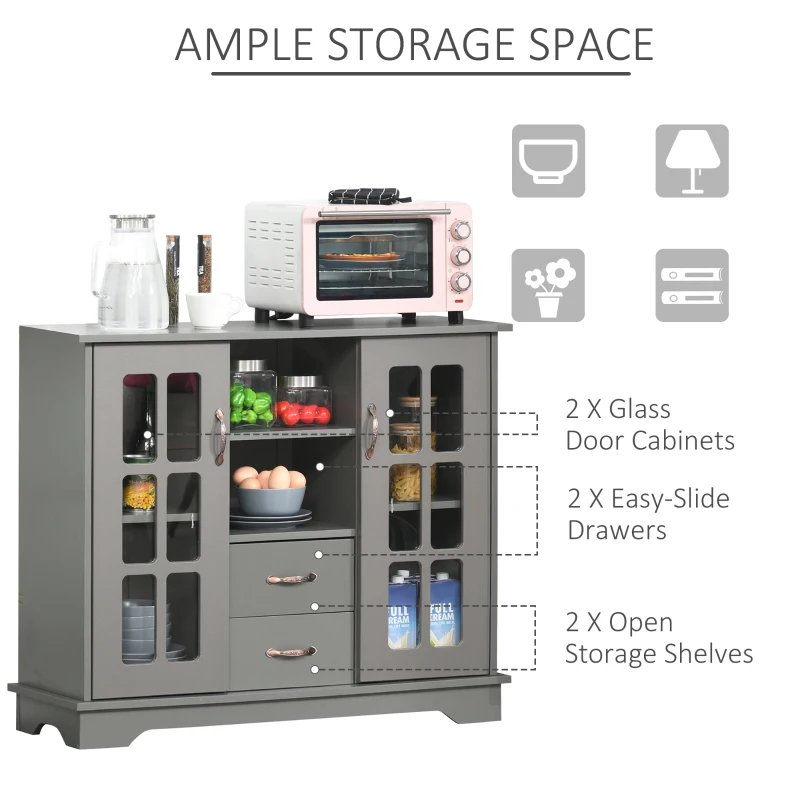 HOMCOM Sideboard Buffet Cabinet, Kitchen Cabinet, Coffee Bar Cabinet with 2 Framed Glass Doors, 2 Drawers and 2 Open Shelves for Living Room, Gray