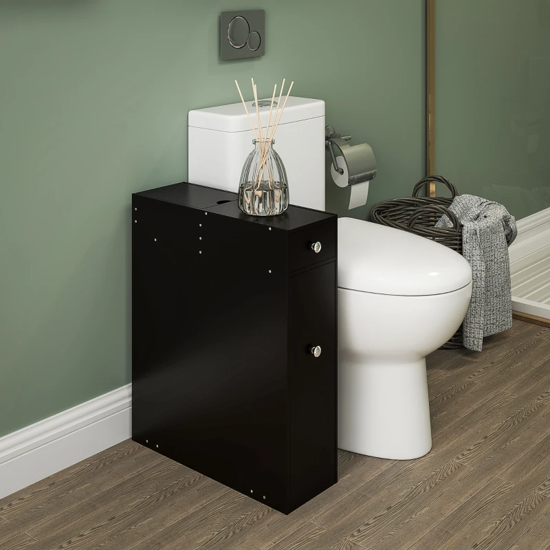 HOMCOM Space Saving Toilet Paper Cabinet, Narrow Bathroom Cabinet with Drawers and Hidden Storage, Black