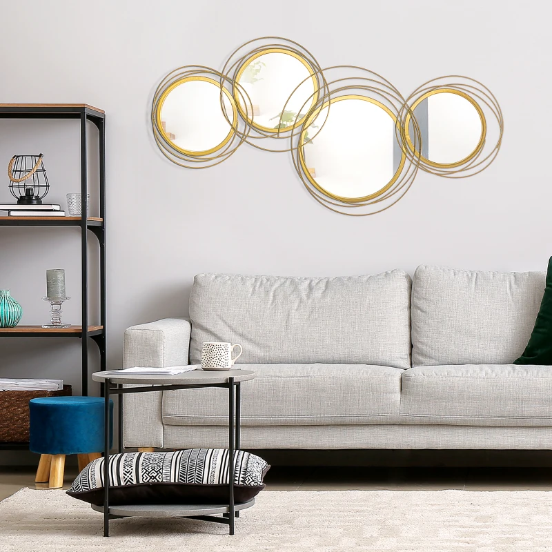 HOMCOM Metal Wall Art Gold Frame Circle Bathroom Mirror Decor Home Hanging Wall Sculptures for Living Room Bedroom Dining Room, 42.25" W x 22" H, Gold