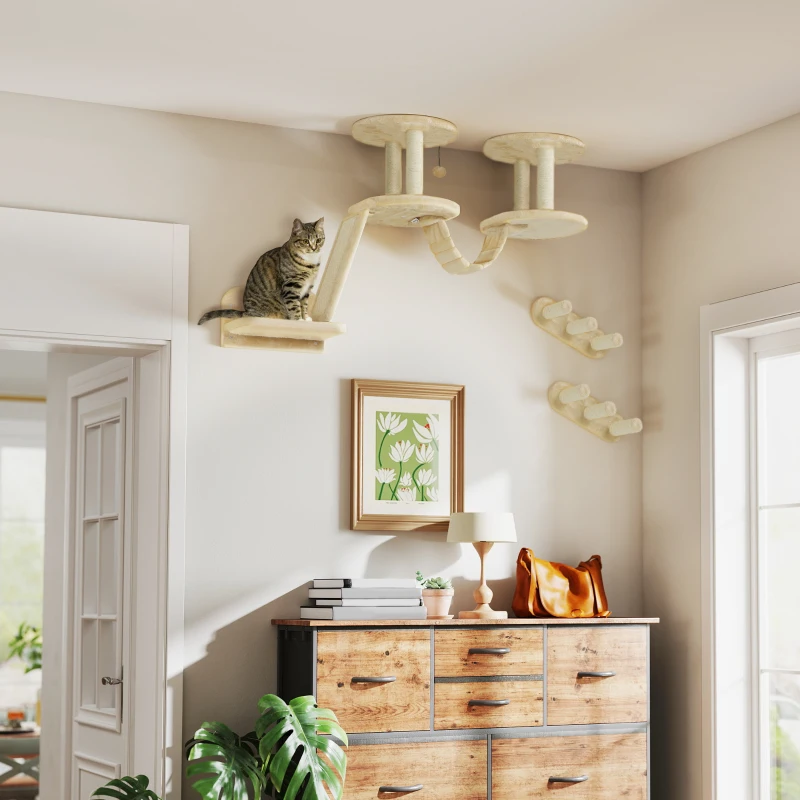 PawHut 3pc Cat Wall Shelves w/ Scratching Post, Perches, Ladder, Steps & Scratching Board, Beige