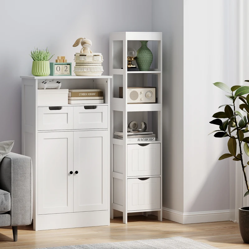 HOMCOM Narrow Bathroom Storage Cabinet, Bathroom Cabinet with 2 Drawers & 3 Open Shelves, Slim Bathroom Floor Cabinet, White