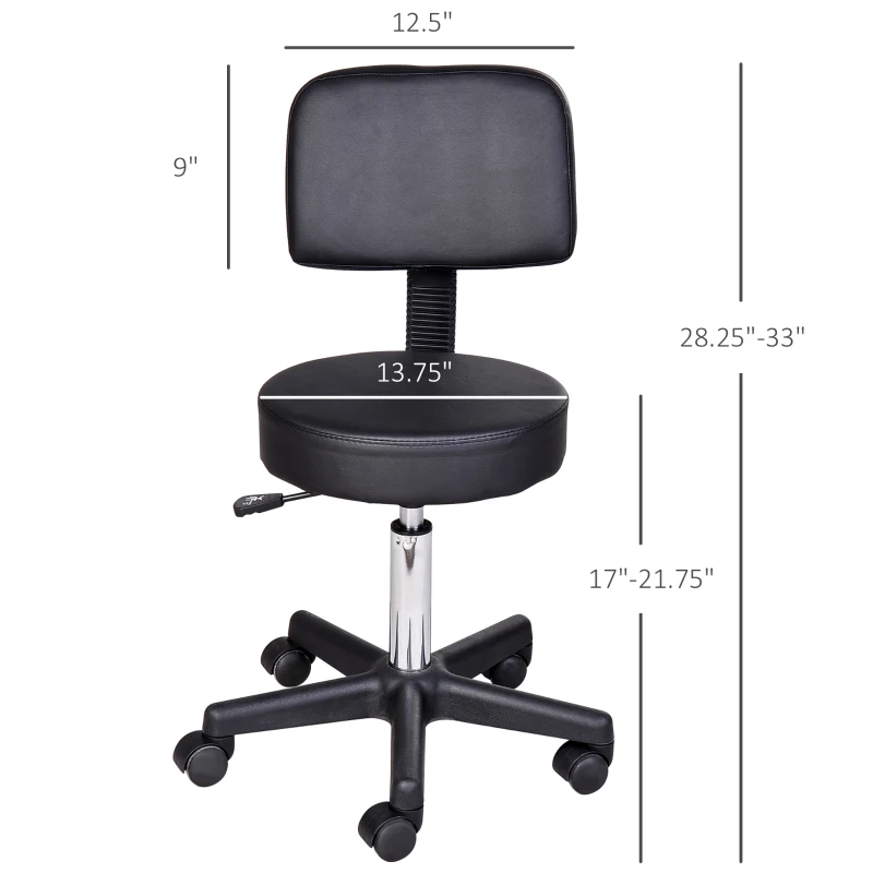 HOMCOM PU Leather Adjustable Rolling Stool, Round Swivel Drafting Stool with Back, Wheels, Black