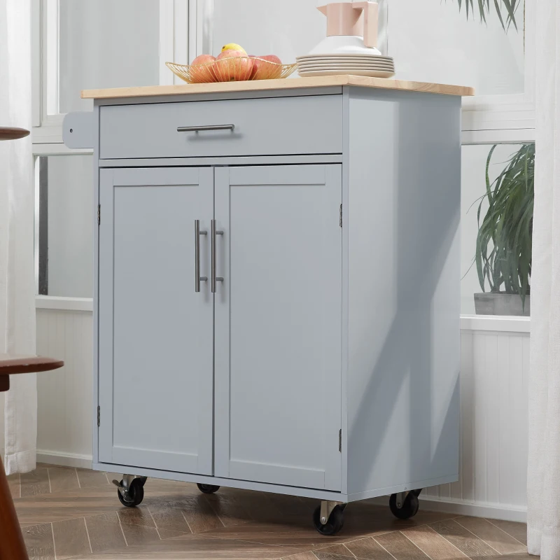 HOMCOM Kitchen Island Cart, Rolling Island Table with Solid Wood Top, Trolley Cart with Drawer, Storage Cabinet & Towel Rack, Gray