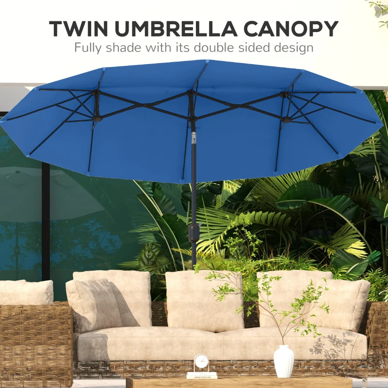 Outsunny Double-sided Patio Umbrella, 9.5' Outdoor Umbrella with Push Button Tilt and Crank, 3 Air Vents and 12 Ribs, Navy Blue