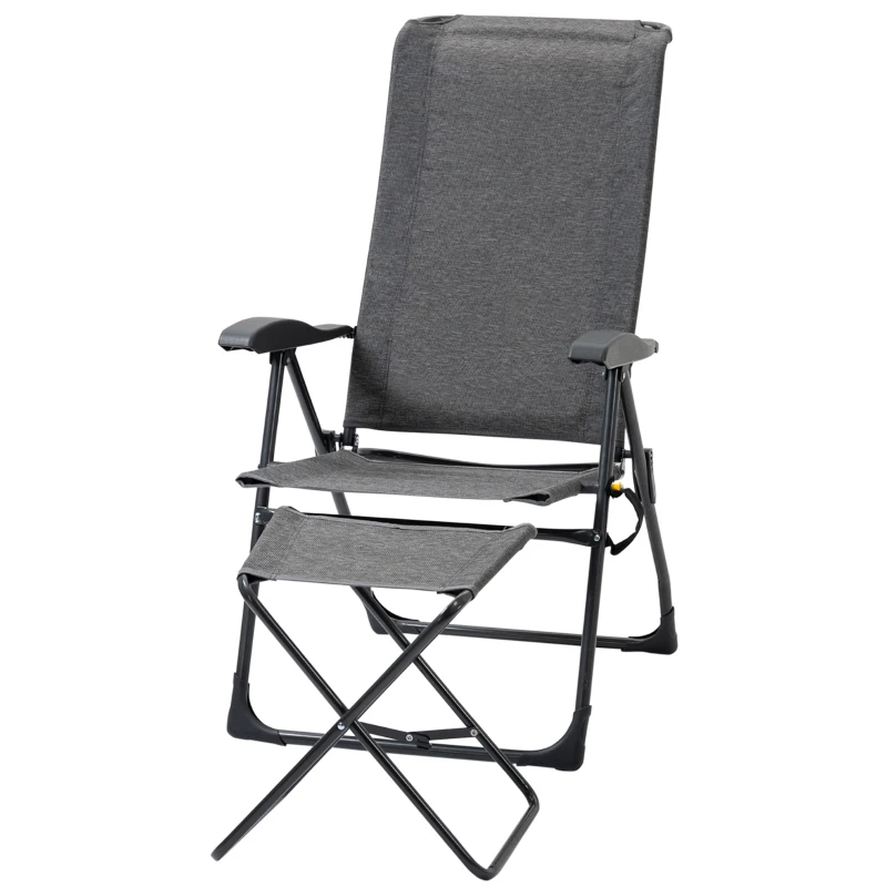 Outsunny Patio Lounge Chair Outdoor Lounger Recliner Folding Camping Chair with Footrest and Storage Pocket, Black Grey