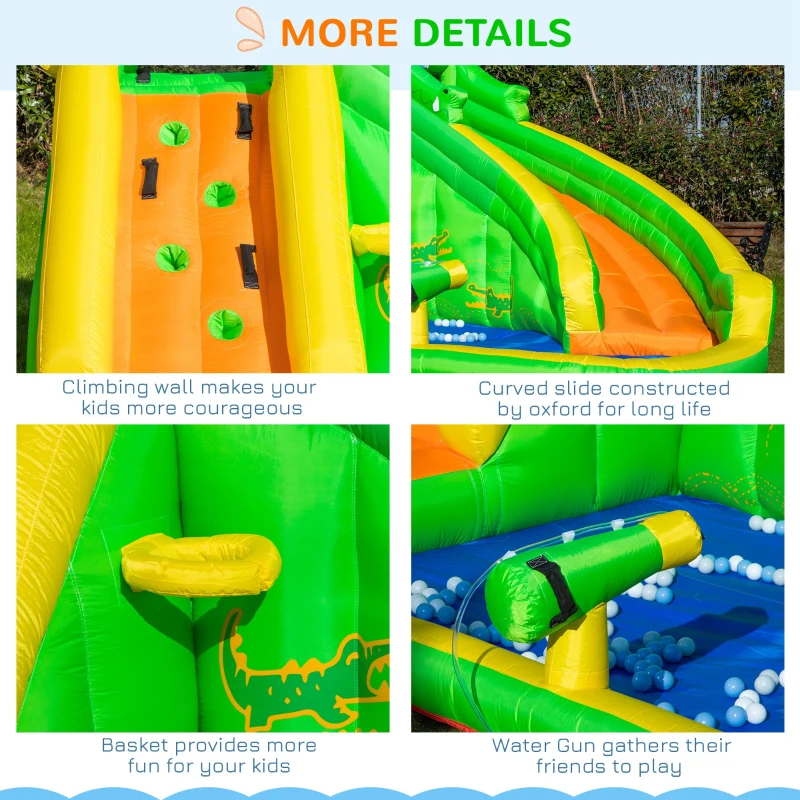 Outsunny 6 in 1 Inflatable Water Slide for Kids Backyard Water Park Castle Bounce House Extra Large Crocodile Style with Basket, Cannon, Pool, Climbing Wall, Slide and Carrybag Without Air Blower