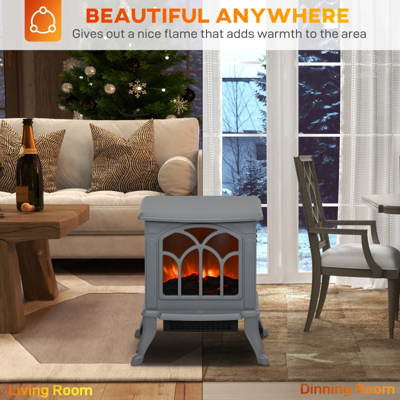 HOMCOM Electric Fireplace Heater, Freestanding Fireplace Stove with Realistic Logs and Flame Effect, 750W/1500W, Gray