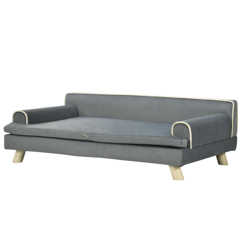 PawHut Dog Bed, Large Dog Couch with Washable Cover, Wooden Legs, Elevated Fancy Foam Pet Sofa for Medium & Large Breeds, Gray
