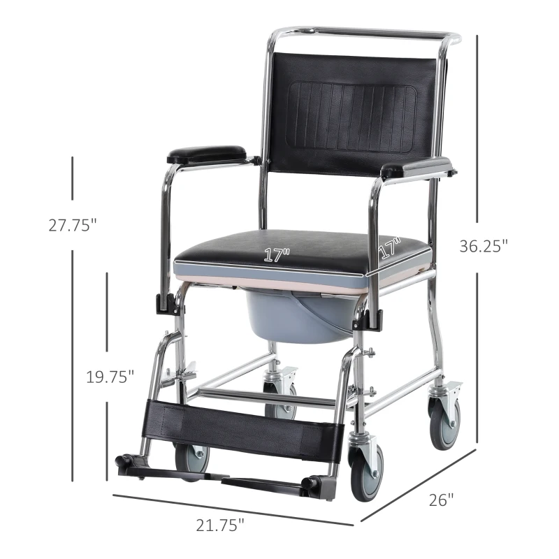 HOMCOM Shower Rolling Chair Personal Mobility Assist Bedside Commode Toilet Chair with Detachable Bucket Armrest Wheelchair Design Armchair for Elder Disabled Pregnant, Black