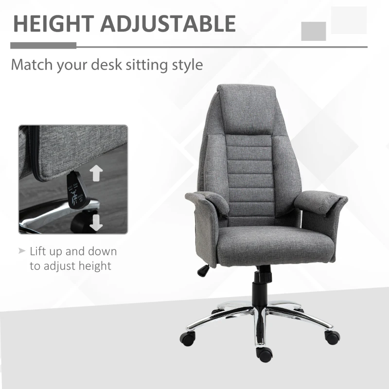 HOMCOM High Back Fabric Executive Chair with Padded Armrests, Ergonomic Home Office Chair with Headrest, Adjustable Height- Light Grey
