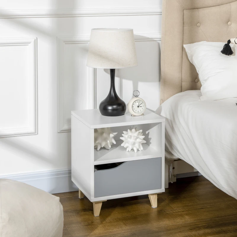 HOMCOM Modern Bedside Table, Side End Table with Shelf, Drawer and Wood Legs, 14.5" x 13" x 17.2", White and Grey