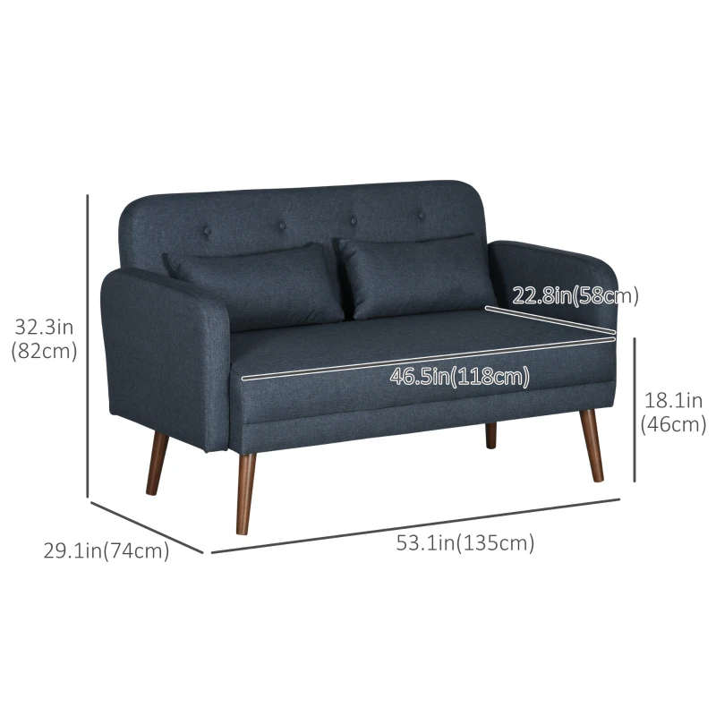 HOMCOM 53" 2 Seat Sofa, Modern Love Seats Furniture, Upholstered 2 Seater Couch with Throw Cushions, Solid Wood Frame, Blue