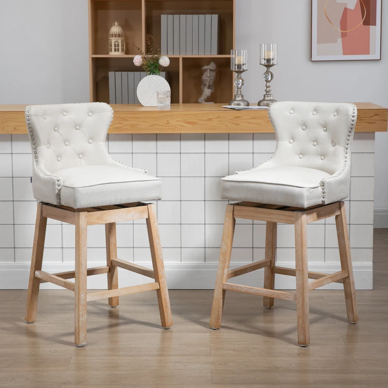 HOMCOM Memory Swivel Bar Stools Set of 2, Upholstered Fabric Bar Height Barstools with Tufted Back, Nailhead-Trim and Solid Wood Legs, 30" H Seat Height Kitchen Stools, Cream