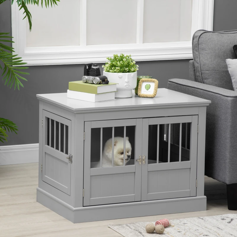 PawHut Wooden Dog Crate End Table, Dog Crate Furniture with Triple Doors, Puppy Crate for Small Dogs Indoor Use, Dark Gray