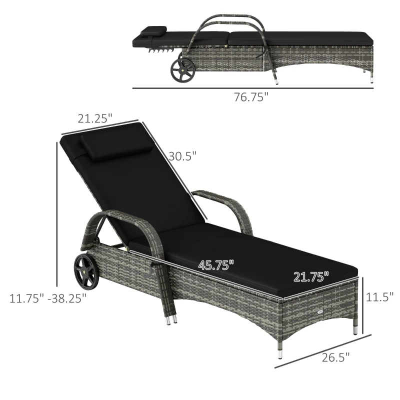 Outsunny 2 Reclining Chaise Lounge Chairs, Rolling Outdoor Chairs with Cushion, Pillow, Headrest, Armrests, and Wheels, Black