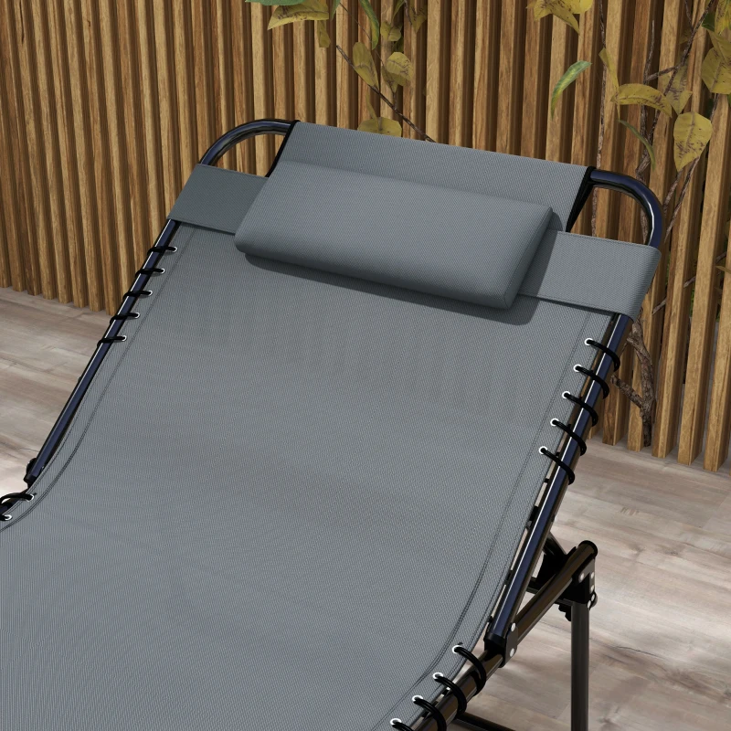 Outsunny 2 Piece Folding Chaise Lounge Pool Chairs with 5-level Reclining Back, Reading Hole, Side Pocket, Gray