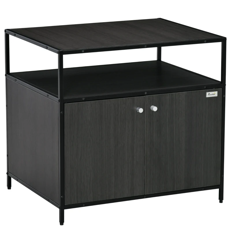 PawHut Wooden Cat Litter Box Enclosure, Hidden Kitten Washroom, Indoor End Table with Magnetic Doors & Storage Shelves, Black