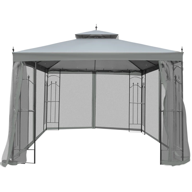 Outsunny 10' x 10' Steel Outdoor Patio Gazebo Canopy with Removable Mesh Curtains, Display Shelves, & Steel Frame, Grey