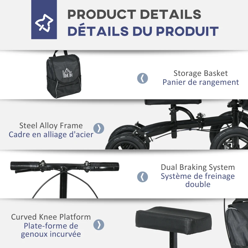 HOMCOM Adjustable Steerable Knee Walker, Foldable Knee Scooter with Rubber Wheels, Dual Brake, Crutch Alternative, Black