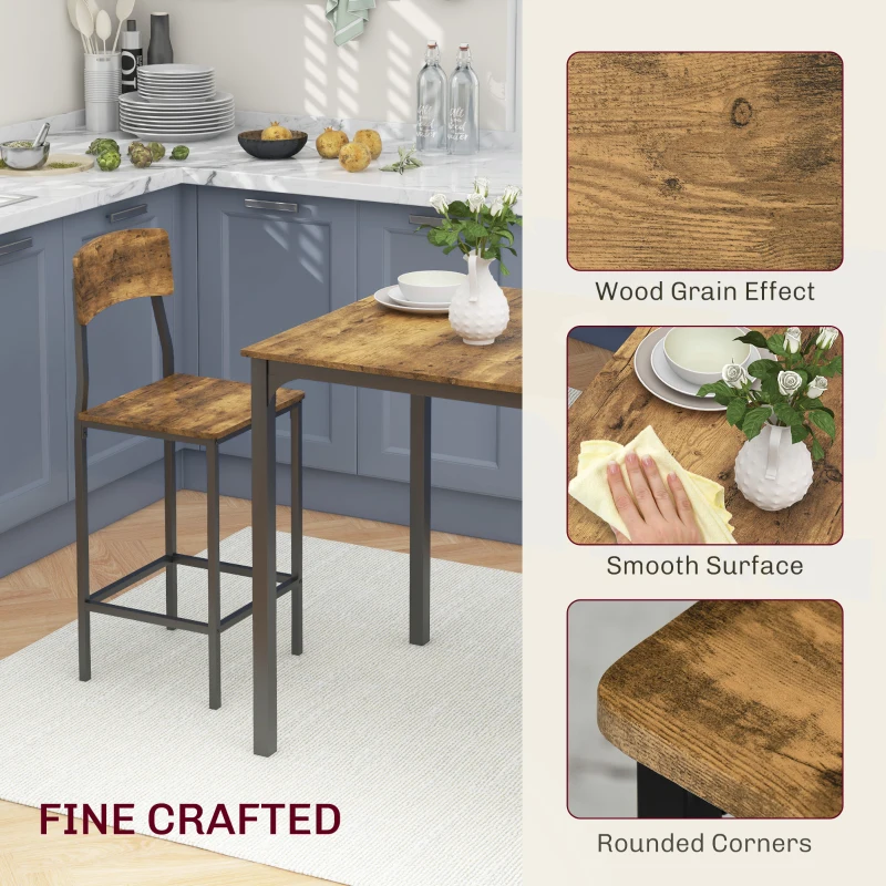 HOMCOM 3 Piece Pub Table and Chairs, Small Kitchen Table and Chairs, Square Dining Table with 2 Stools, Rustic Brown and Black