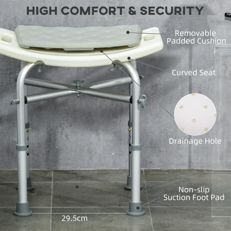 HOMCOM Shower Chair for Inside Shower, Shower Stool with Removable Padded Cushion, Suction Cup Feet for Tub and Bathroom, Bath Chair for Elderly, Tool-Free Assembly, 330lbs