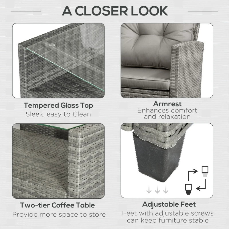 Outsunny 4 Piece Rattan Patio Furniture Set w/ Glass Table Top, Cushions for Backyard, Garden, Poolside, Deck, Charcoal Grey