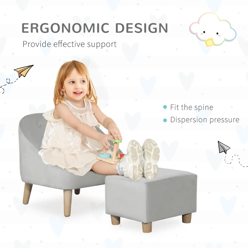 Qaba Kids Sofa Set, Toddler Chair, Sofa & Ottoman for Bedroom, Playroom, Children's Couch for 3-5 Years, Grey