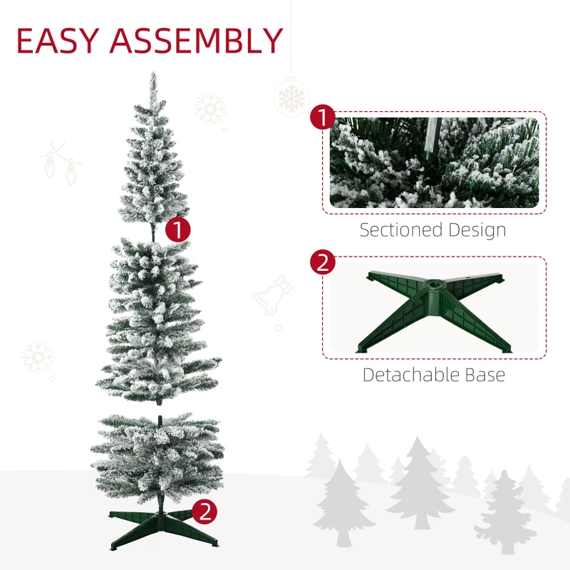 HOMCOM 6' Snow Flocked Artificial Pencil Christmas Tree, Slim Xmas Tree with Realistic Branches and Plastic Base Stand for Indoor Decoration, Green
