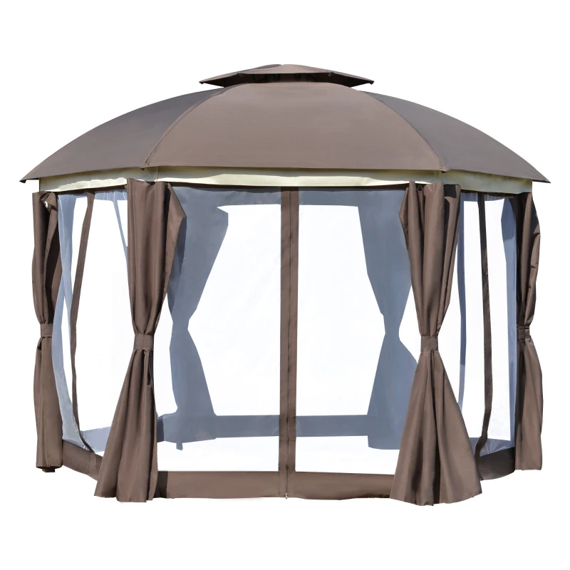 Outsunny 12' x 12' Outdoor Gazebo Canopy, Dome Patio Gazebo Netting Sidewalls and Curtains, Double Vented Roof, Brown
