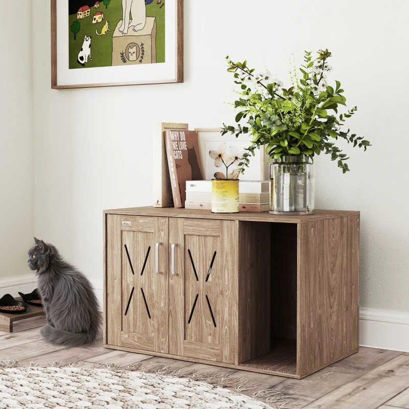 PawHut Cat Litter Box Enclosure with Scratching Board, Cat Washroom End Side Table, 31.5" x 19" x 20", Walnut Brown