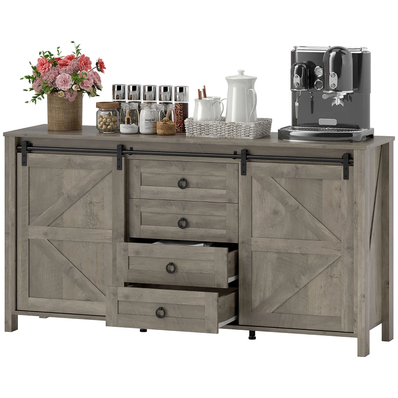 HOMCOM 60" Buffet Cabinet, Farmhouse Sideboard with Sliding Barn Doors, Drawers and Adjustable Shelves, Distressed Light Grey