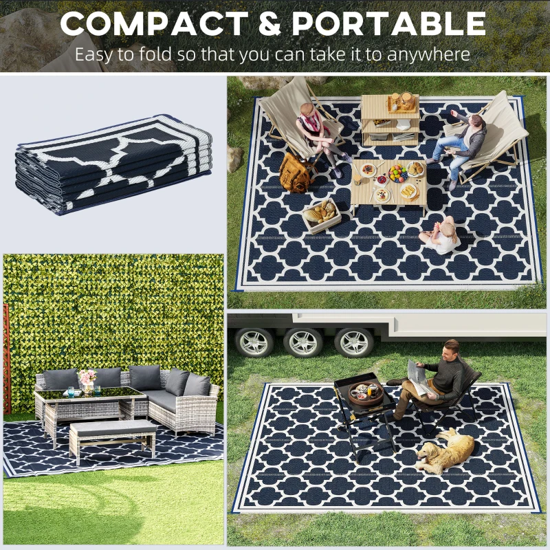 Outsunny Reversible Outdoor Rug, 9' x 12' Waterproof Plastic Straw Floor Mat, Portable RV Camping Carpet, Large Floor Mat for Backyard, Deck, Picnic, Beach, Blue & White(m-4)