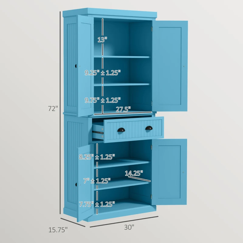 HOMCOM 72" Kitchen Pantry Storage Cabinet, Cupboard w/ 4 Doors and 3 Adjustable Shelves, Large Central Drawer, Dark Blue