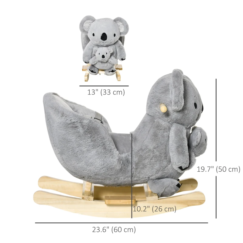 Qaba Baby Rocking Horse Koala Design Plush Stuffed Rocking Chair, Wooden Rocking Horse with Sound, Seat Belt for Boys and Girls Gift, Grey