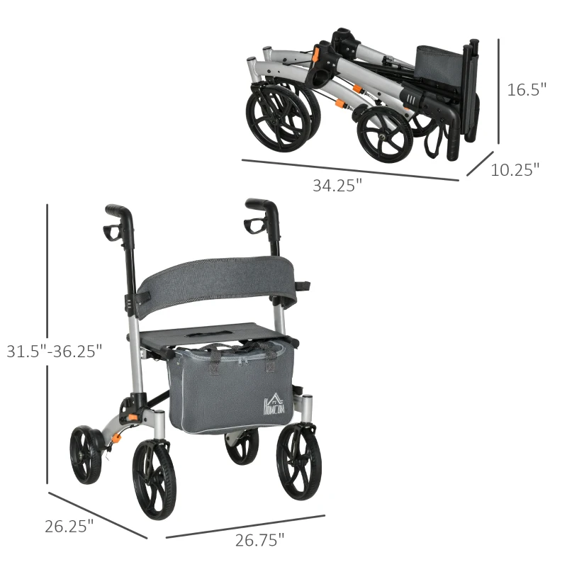 HOMCOM Aluminum Rollator Walker for Seniors and Adults with 10'' Wheels FSA HSA Eligible, Seat and Backrest, Folding Rolling Walker with Adjustable Handle and Storage Bag, Support up to 300lbs, Gray