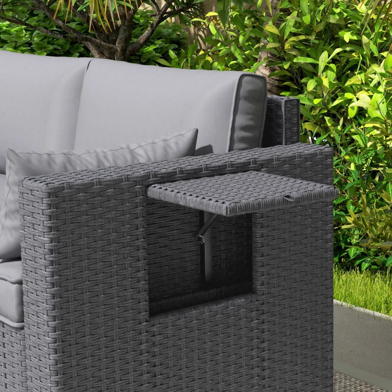 Outsunny 3 Seater Wicker Patio Sofa with Side Trays, Outdoor Couch with 6" Thick Back Cushions, Deep Seating, Grey