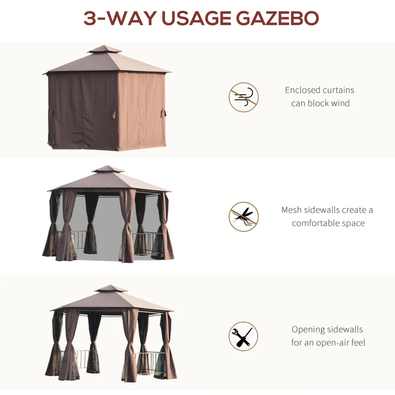 Outsunny 13' x 13' Patio Gazebo, Double Roof Hexagon Outdoor Gazebo Canopy Shelter with Netting & Curtains, Solid Steel Frame for Garden, Lawn, Backyard and Deck, Coffee